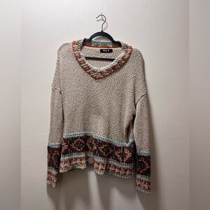 Blue B Collection Boho Loose Fit Cozy Pull-On Sweater, Sz L, Tan and Pattern